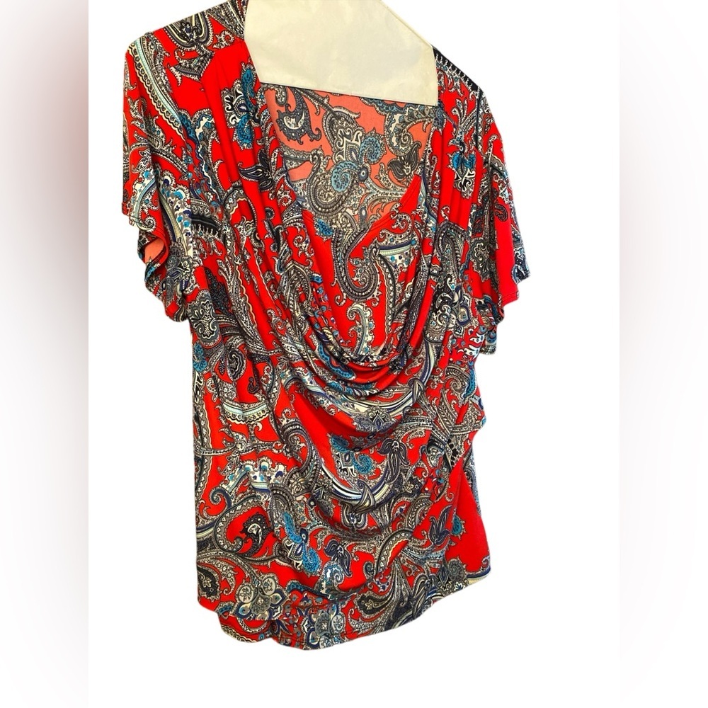 Roz & Ali cowl neck layered red blue paisley short sleeve blouse 1X
